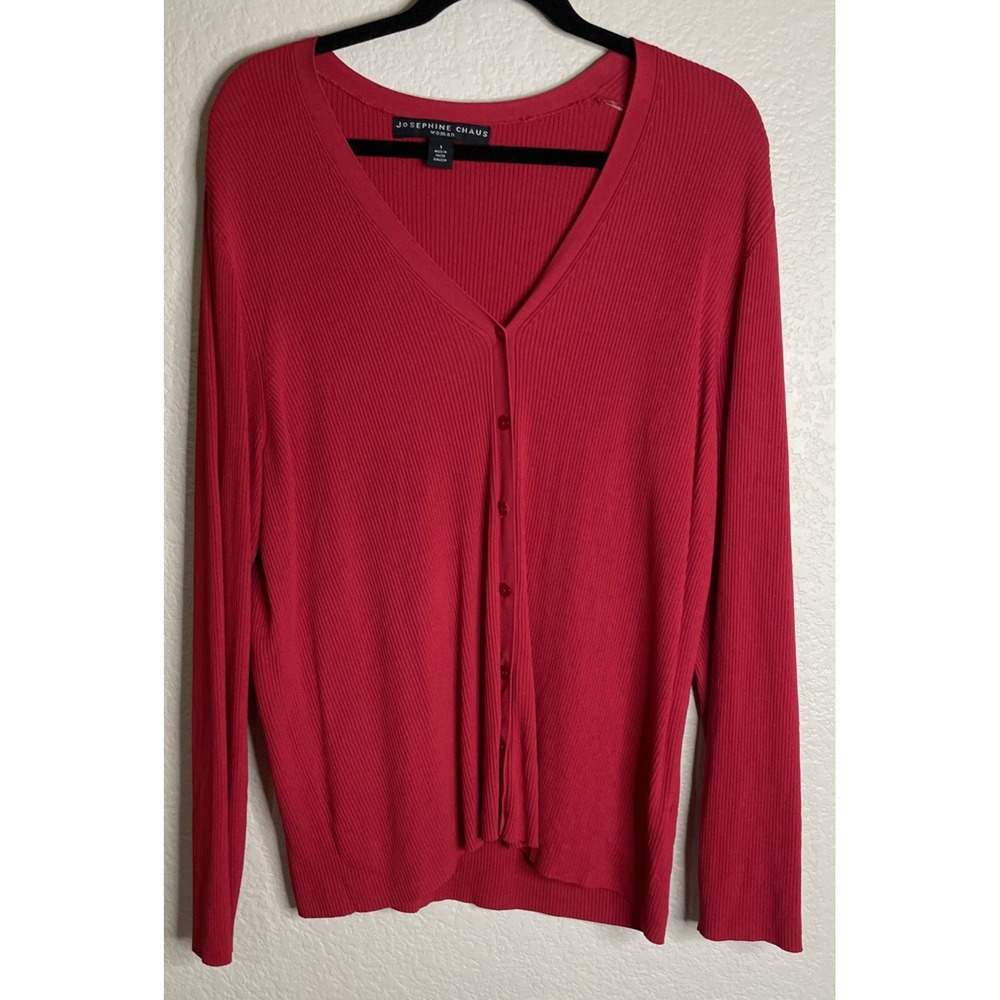 Josephine Chaus 1 US 1X Cardigan Red Ribbed Knit V Neck Button Front Sweater